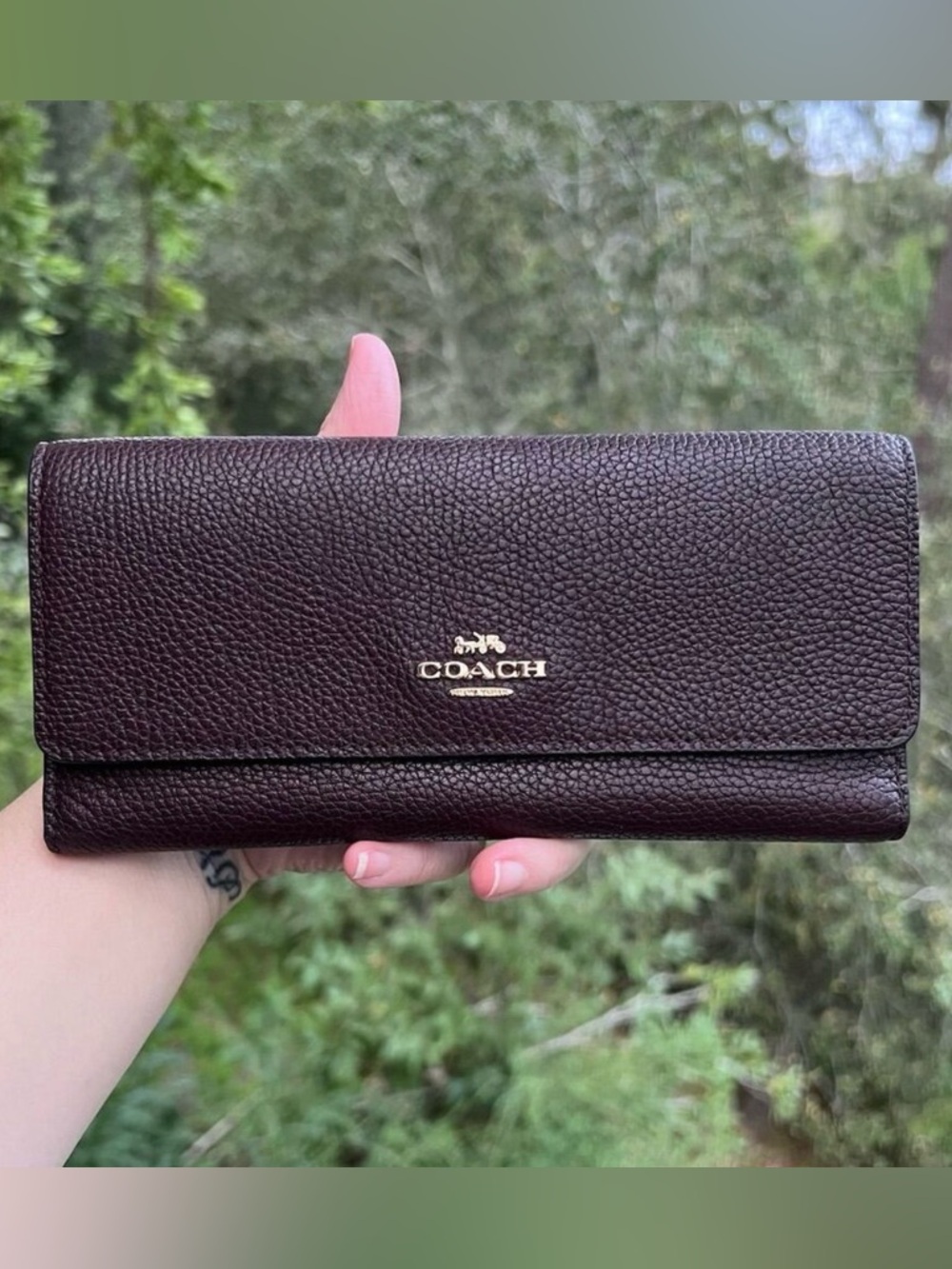 COACH VINTAGE Trifold Pebbled Leather Wallet Oxblood Brn/Purple w Gold Hardware